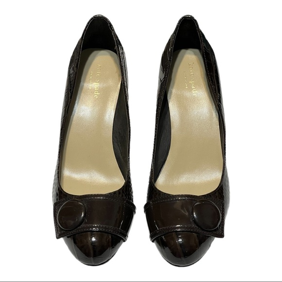Kate Spade Glossy Patent Leather Pumps W/Block Heels 7M Brown Retro Preppy Chic - Picture 10 of 10